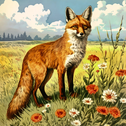Fox standing in a field with flowers and trees in the background fabric panel