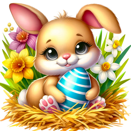 Cartoon bunny with an Easter egg surrounded by flowers and grass quilt block
