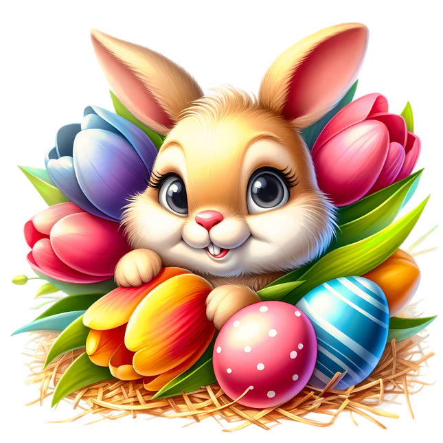 Cartoon Easter bunny with colorful tulips and eggs fabric panel