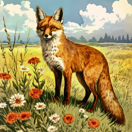 Fox standing in a field with flowers and trees in the background fabric square