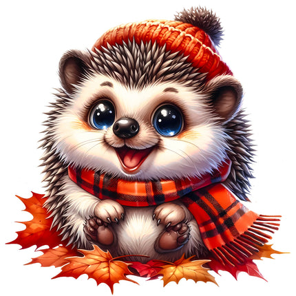 hedgehog wearing an orange hat and scarf fabric panel