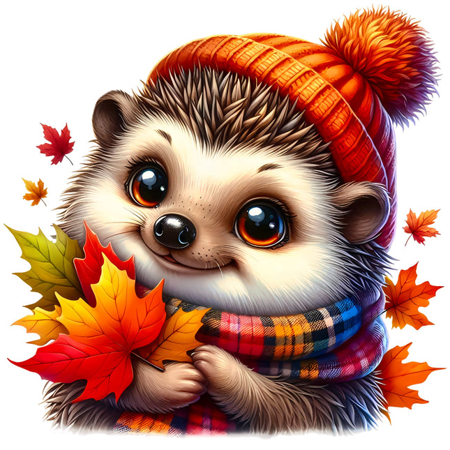 Hedgehog wearing a winter hat and scarf with autumn leaves fabric panel