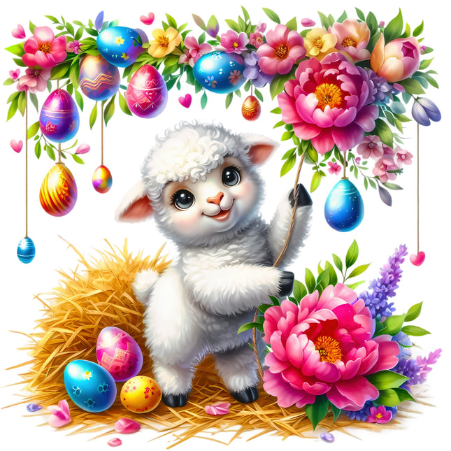 cute lamb surrounded by colorful Easter eggs and flowers fabric panel