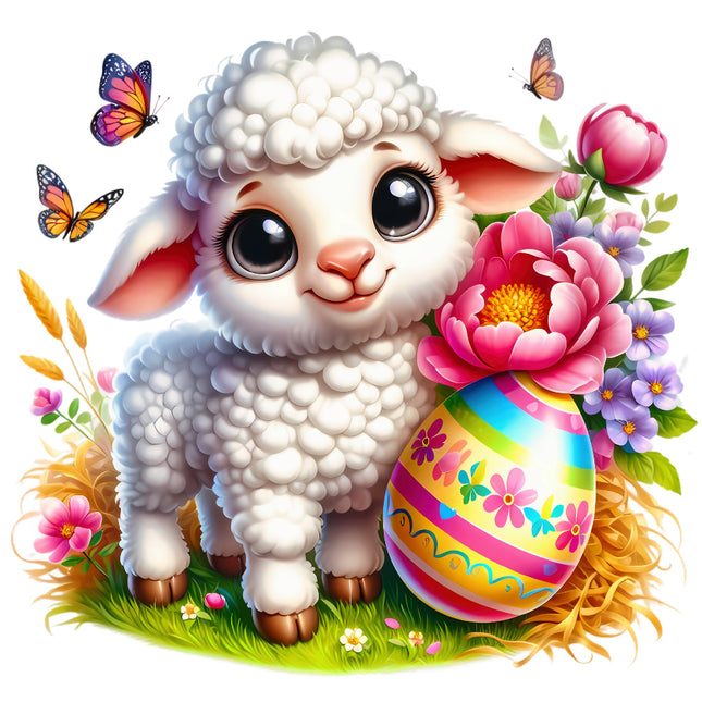 Cartoon lamb with Easter egg and flowers quilt panel