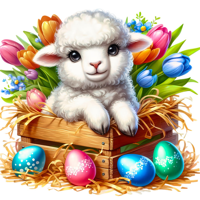 White lamb in a wooden crate with Easter eggs and flowers fabric panel