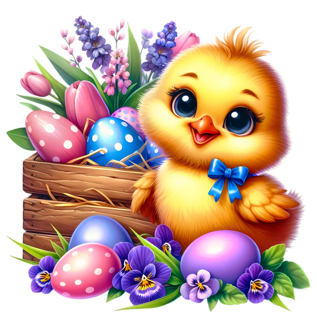 Cartoon chick with Easter eggs and flowers fabric panel