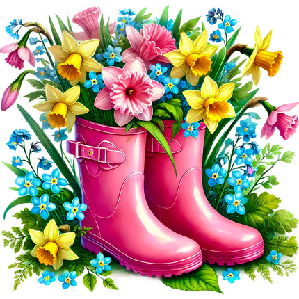 Pink rubber boots filled with flowers surrounded by colorful flowers and greenery on a white background