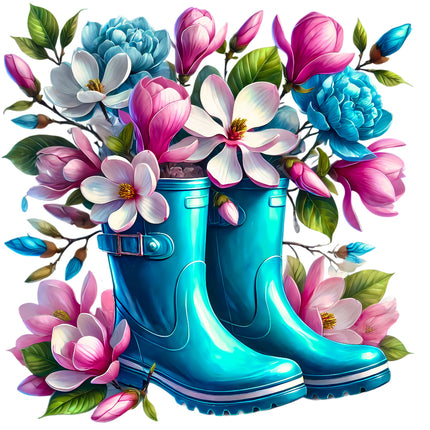 Blue rubber boots with flowers and leaves fabric panel