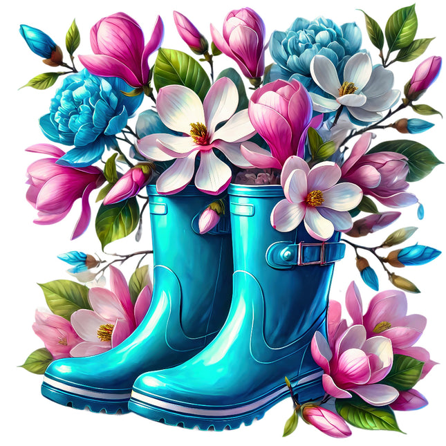 Blue rain boots surrounded by colorful flowers fabric panel