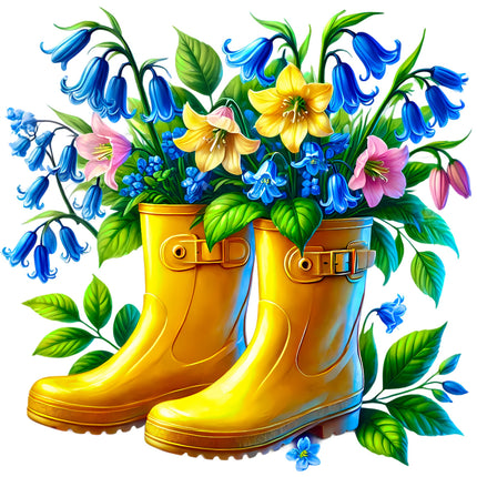 Yellow rubber boots filled with colorful flowers fabric panel