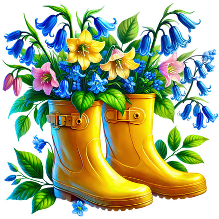 Yellow rain boots filled with flowers fabric panel