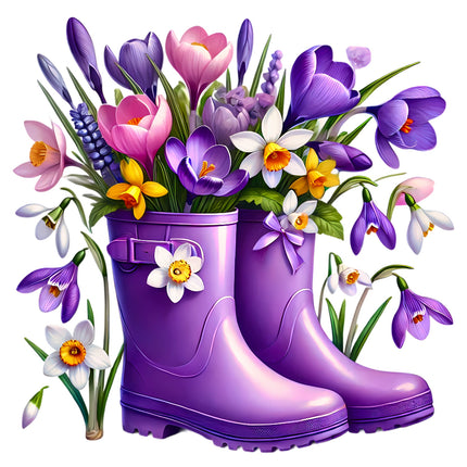 Purple rubber boots filled with spring flowers fabric panel
