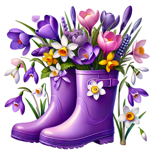 Purple rain boots filled with spring flowers fabric panel