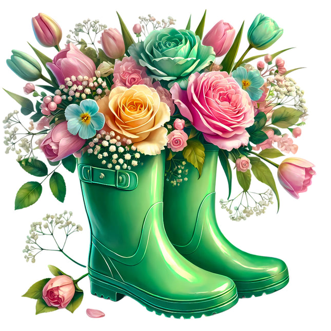 Green rubber boots filled with a bouquet of flowers fabric panel