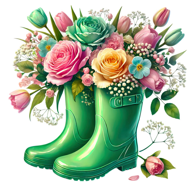 Green rubber boots filled with a bouquet of flowers fabric panel