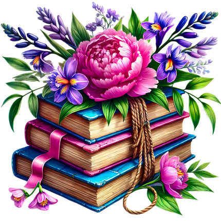 Stack of books with flowers fabric panel