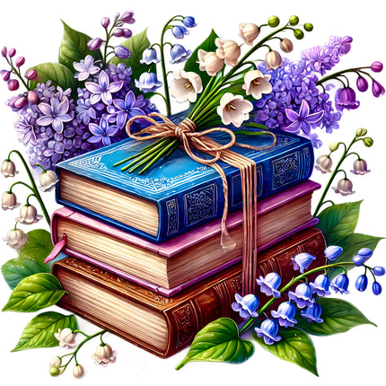 Stack of books with flowers and ribbons fabric panel