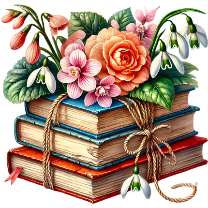 Stack of books tied with a ribbon, surrounded by flowers fabric panel
