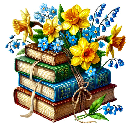 Stack of books with flowers fabric panel