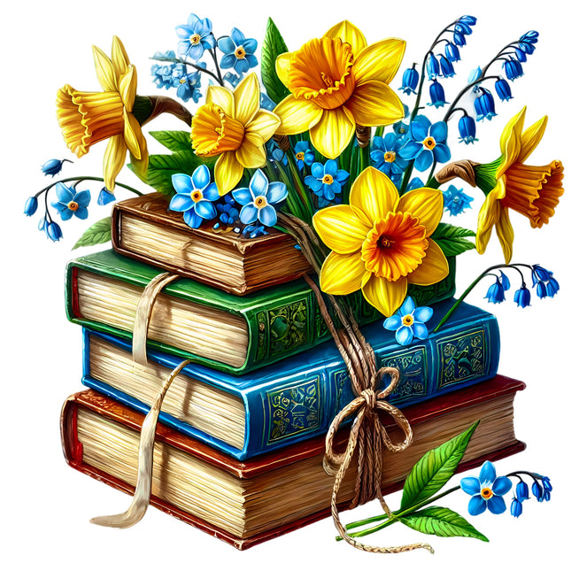 Stack of books with flowers fabric panel