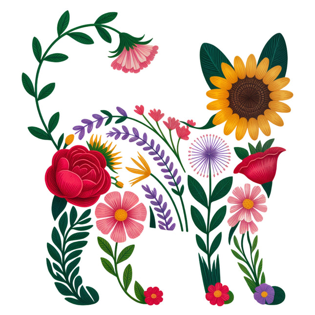 Colorful floral design on a white background fabric panel