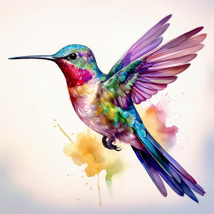 Colorful hummingbird illustration on a watercolor background fabric panel