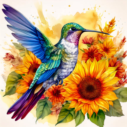 Colorful hummingbird surrounded by sunflowers fabric panel