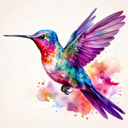 Colorful hummingbird illustration on a watercolor background fabric panel