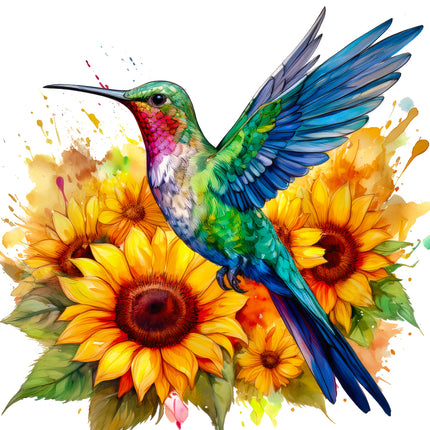 Colorful hummingbird surrounded by sunflowers fabric panel