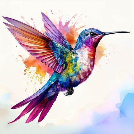 Colorful hummingbird illustration with watercolor background fabric panel