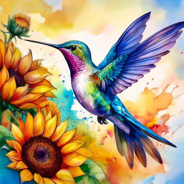 Colorful hummingbird and sunflowers on a watercolor background fabric panel