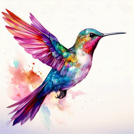 Colorful hummingbird illustration on a watercolor background fabric panel