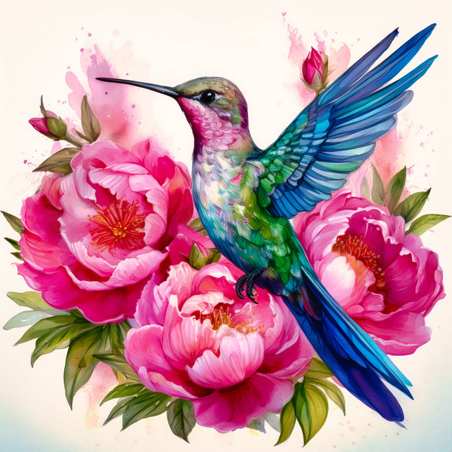 Colorful hummingbird among pink flowers fabric panel