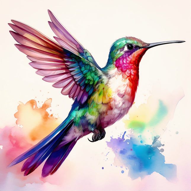 Colorful hummingbird illustration on a watercolor background fabric panel