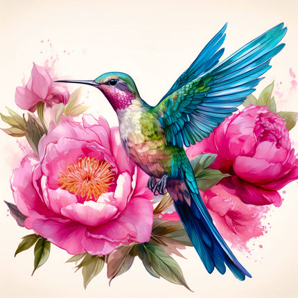 Hummingbird perched on pink flowers fabric panel