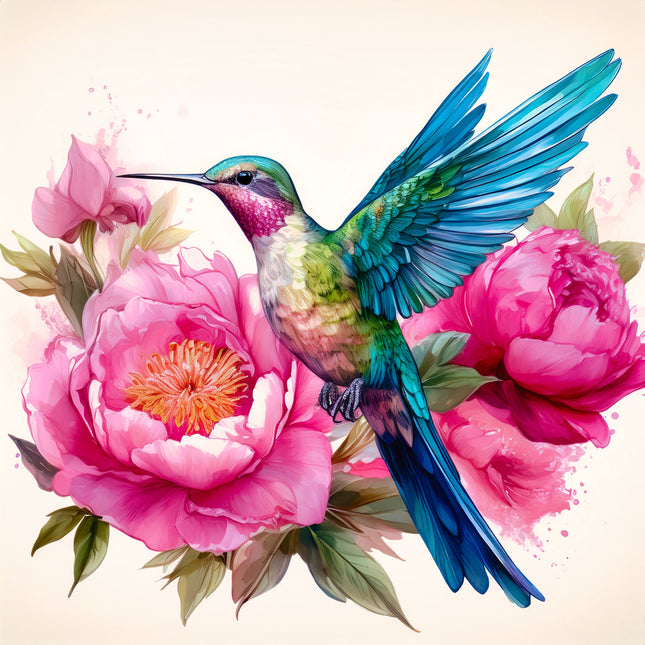 Hummingbird perched on pink flowers fabric panel