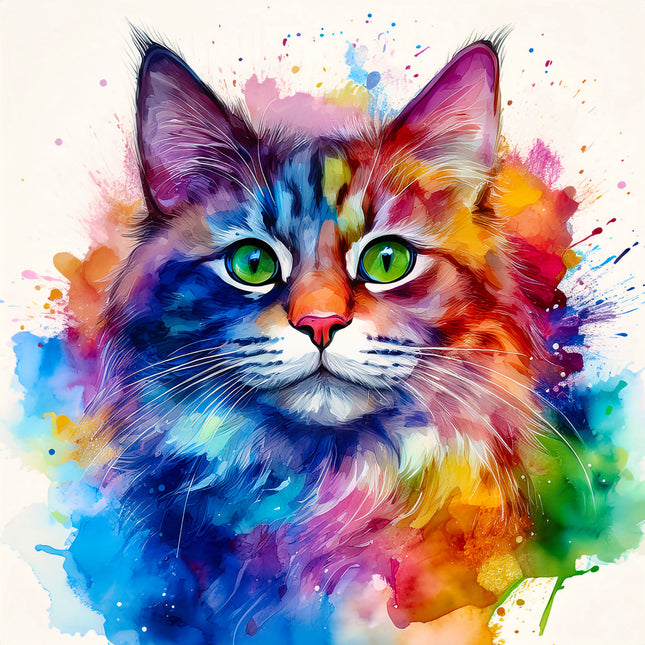 Colorful abstract painting of a cat with watercolor splashes fabric panel