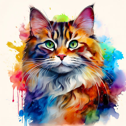 Colorful painting of a cat with watercolor splashes fabric panel