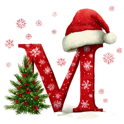 Red letter 'M' with a Santa hat and Christmas tree quilt block
