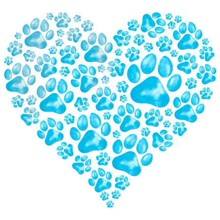 Heart shape made of blue paw prints fabric panel