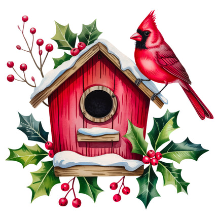 Christmas Cardinal Birdhouse 100% Cotton Fabric Panel Block EE1859