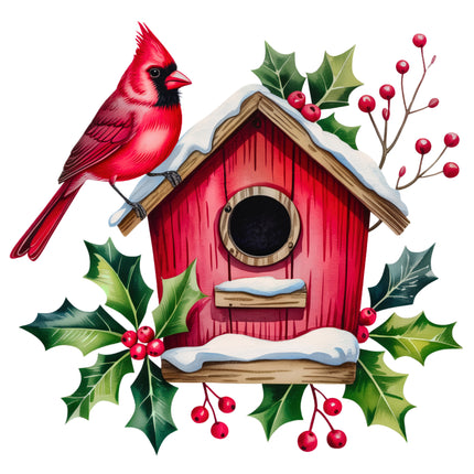 Christmas Cardinal Birdhouse 100% Cotton Fabric Panel Block FLIP-EE1859