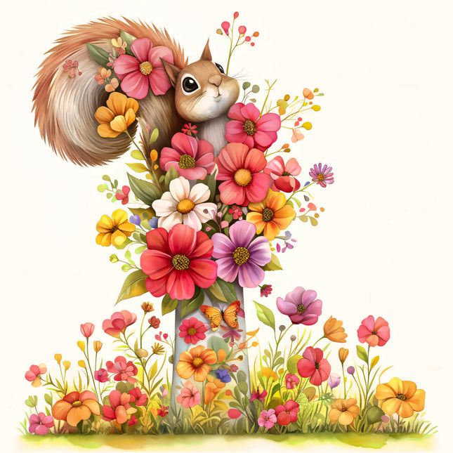 Floral Squirrel 100% Cotton Fabric Panel Block EE1919