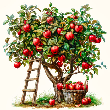Illustration of a tree with red apples, a wooden ladder, and a basket on a white background
