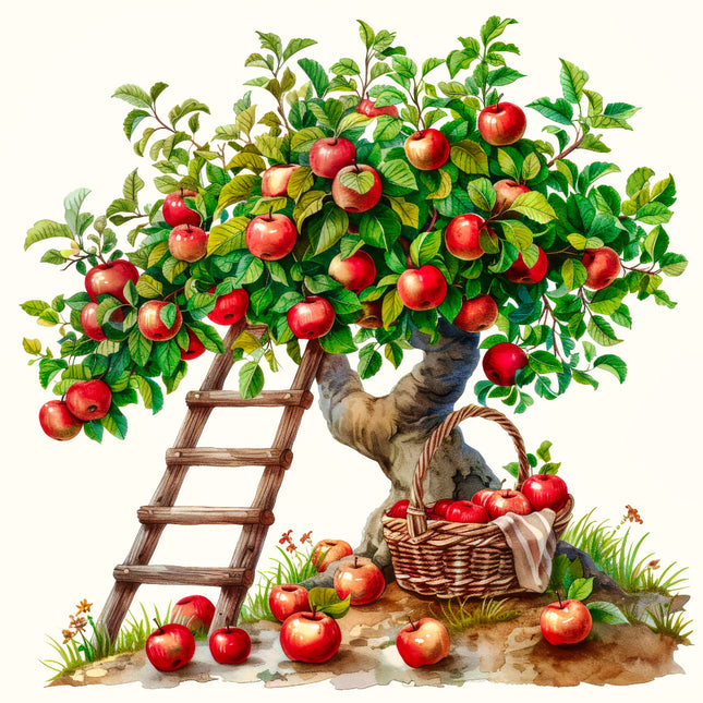 Illustration of an apple tree with a basket of apples and a ladder fabric panel