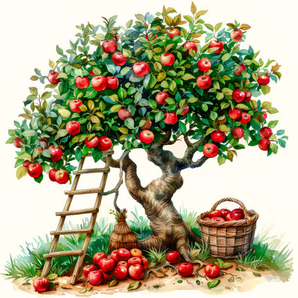 Illustration of an apple tree with a ladder and basket of apples fabric panel