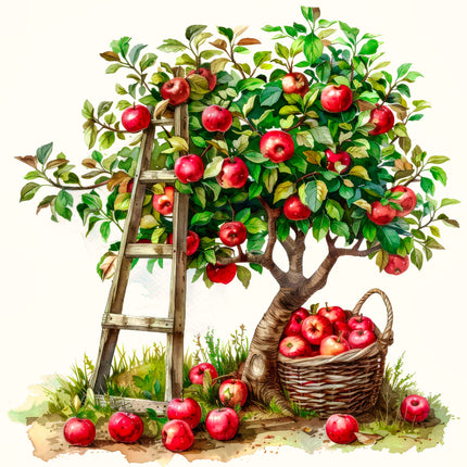 Illustration of an apple tree with a ladder and basket full of red apples fabric panel