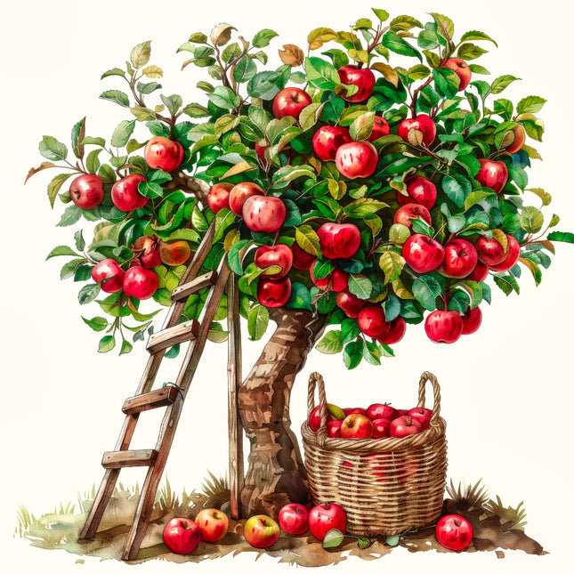 Illustration of an apple tree with a ladder and basket fabric panel