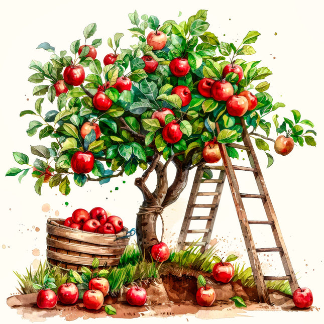 Illustration of an apple tree with a ladder and basket full of apples quilt panel