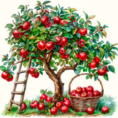 Illustration of an apple tree with a basket of apples and a ladder fabric panel